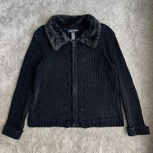 y2k Faux Fur Collar Chenille Zip Cardigan - Size PL